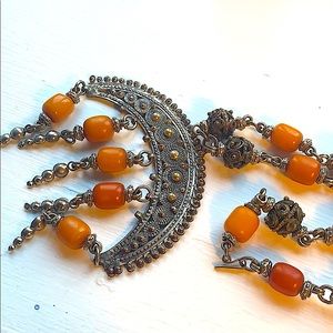 Silver Amber Crescent Dripping Bells Necklace
